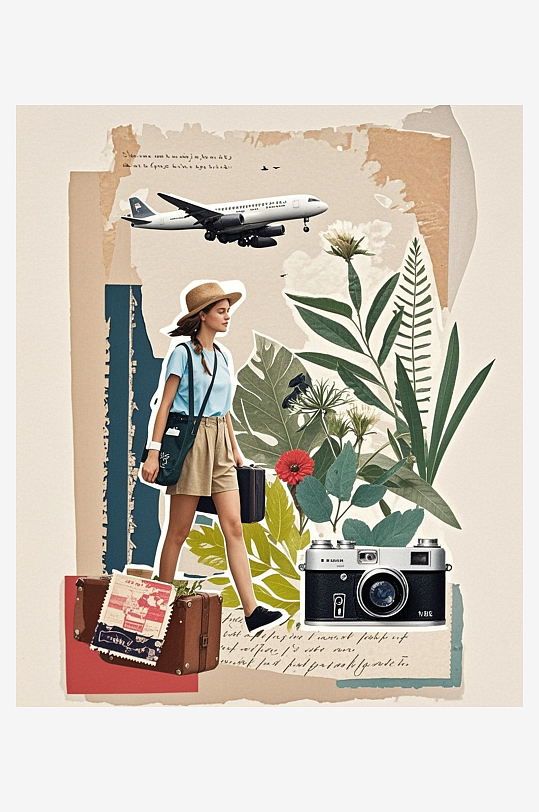 女性旅人旅行箱植物插图复古邮票压花剪纸艺