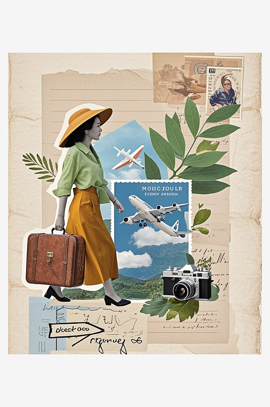 女性旅人旅行箱植物插图复古邮票压花剪纸艺
