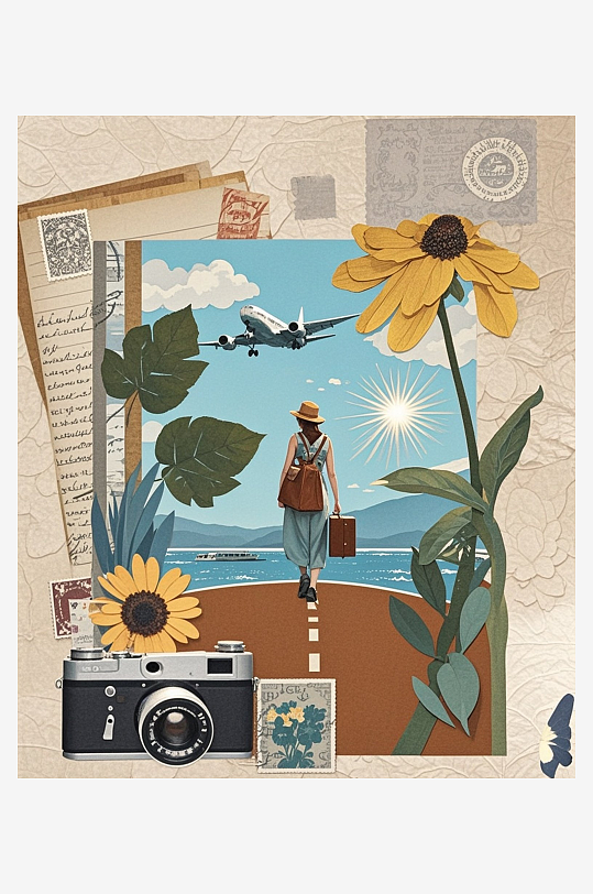 女性旅人旅行箱植物插图复古邮票压花剪纸艺