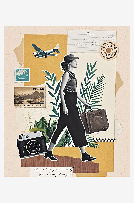 女性旅人旅行箱植物插图复古邮票压花剪纸艺