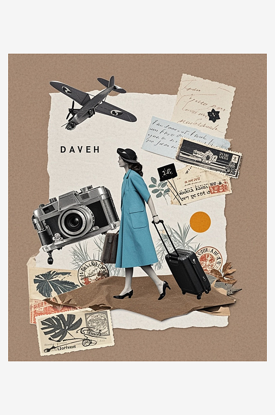 女性旅人旅行箱植物插图复古邮票压花剪纸艺