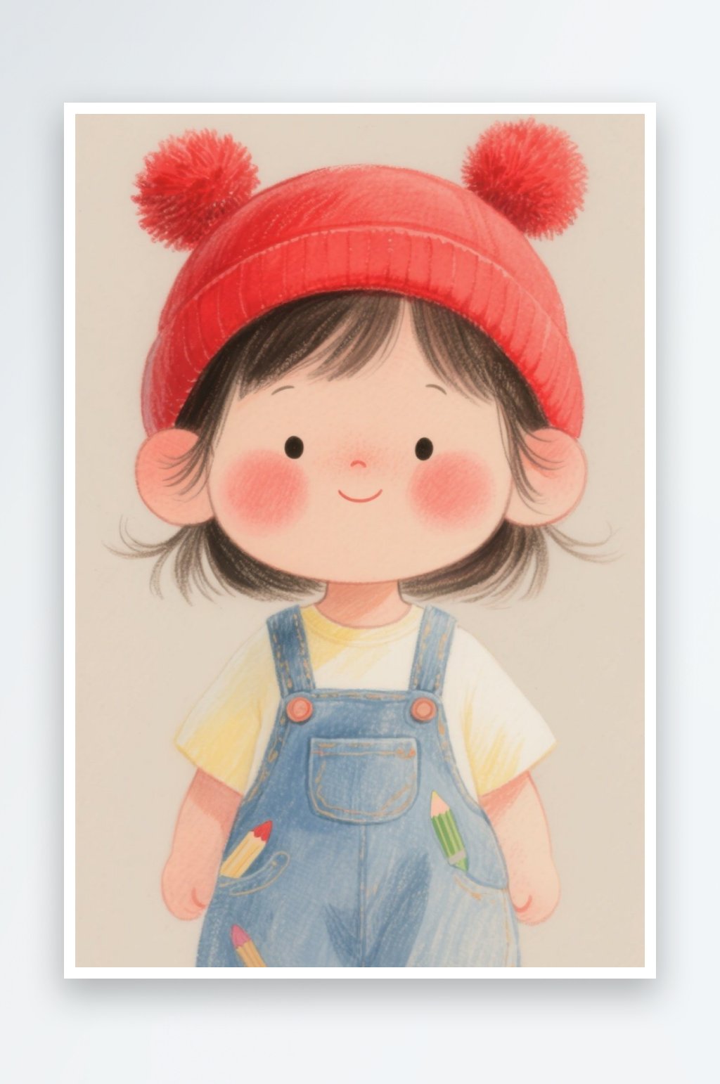 一個(gè)可愛(ài)的鉛筆畫(huà)卡通小孩形象紅帽子背帶褲素材