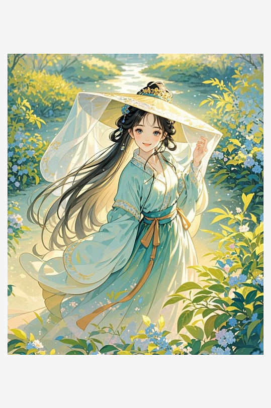 古風(fēng)女子水粉插畫戴著帷帽的草藥少女春日幻