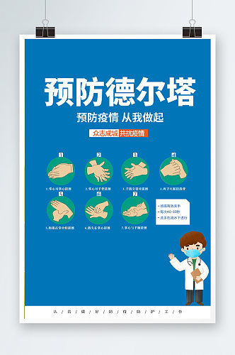 蓝色简约预防德尔塔海报预防疫情海报