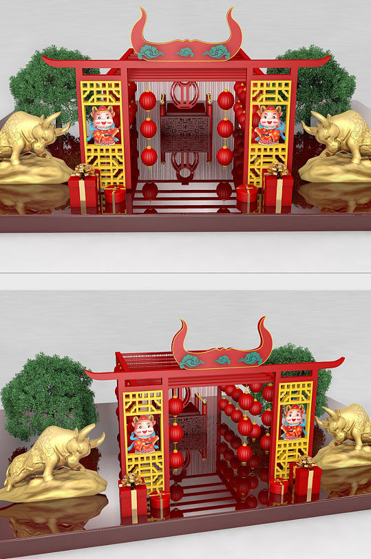 C4D2021年中式国潮牛年春节美陈-众图网