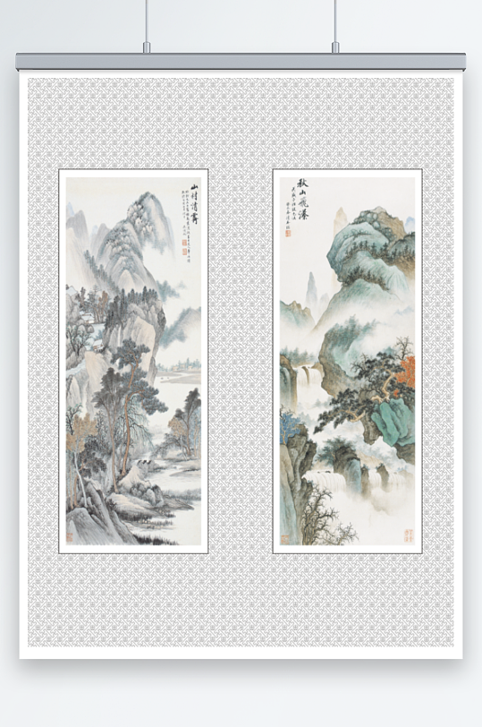 山村清霽秋山飛瀑山水畫