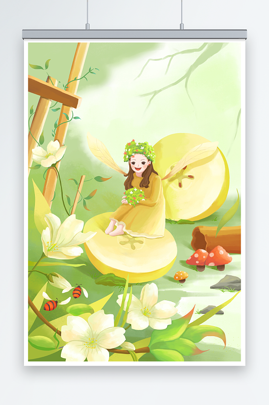 绿色春天唯美惊蛰节气梨花女孩人物插画-众图网