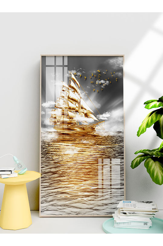 轻奢黑金质感帆船装饰画