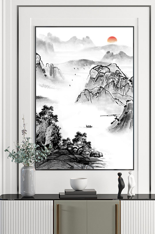 山水水墨画竖版装饰画-众图网