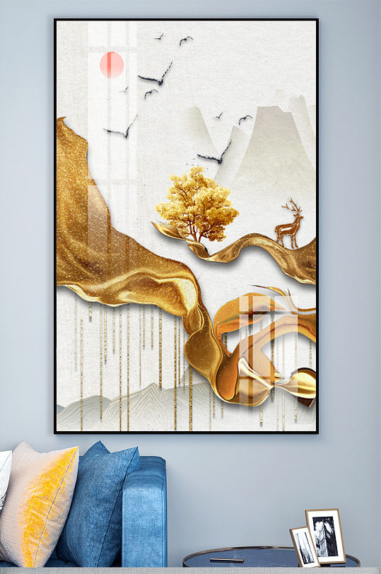 轻奢金箔发财树麋鹿装饰画