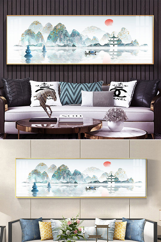 中国风蓝色意境水墨山水画-众图网