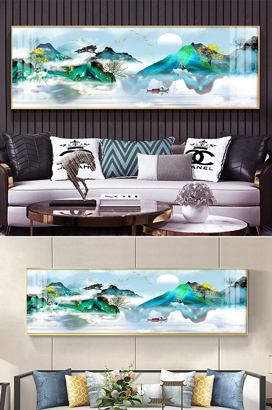 轻奢水墨蓝绿山水装饰画-众图网