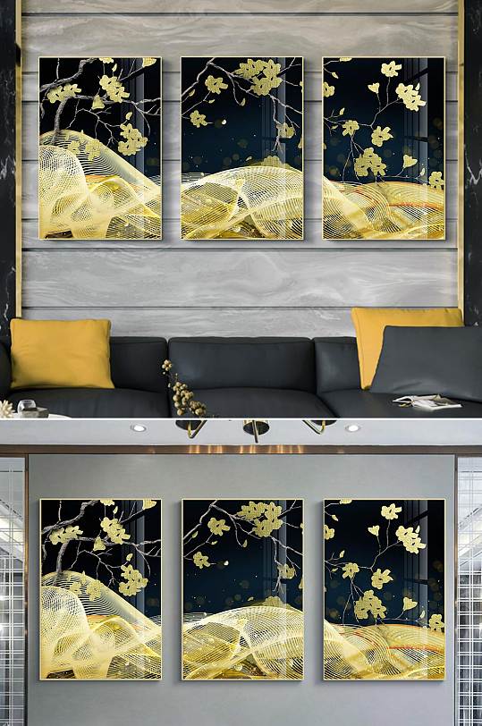 中式金箔花鸟山水装饰画