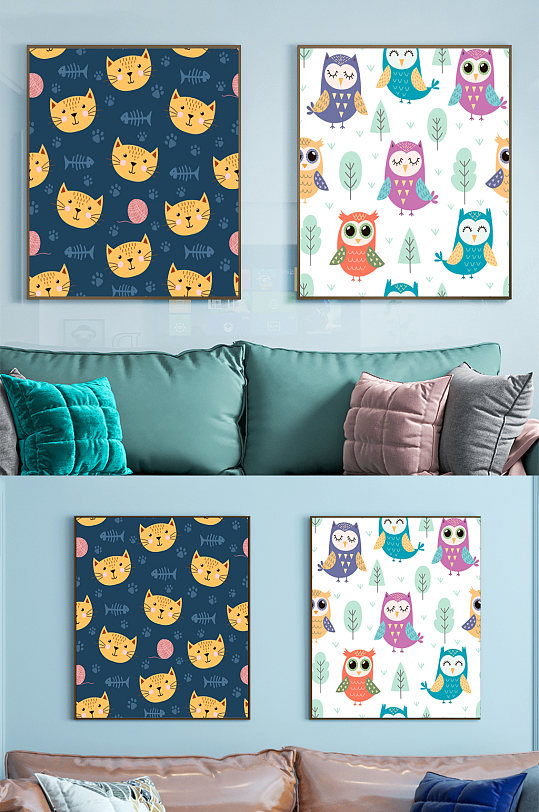 可爱卡通动物儿童房装饰画