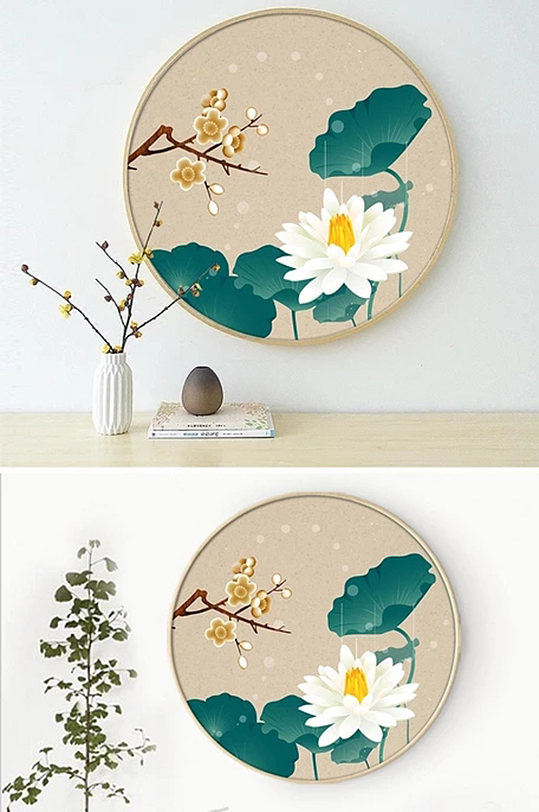 中式水墨荷花圆形装饰画-众图网