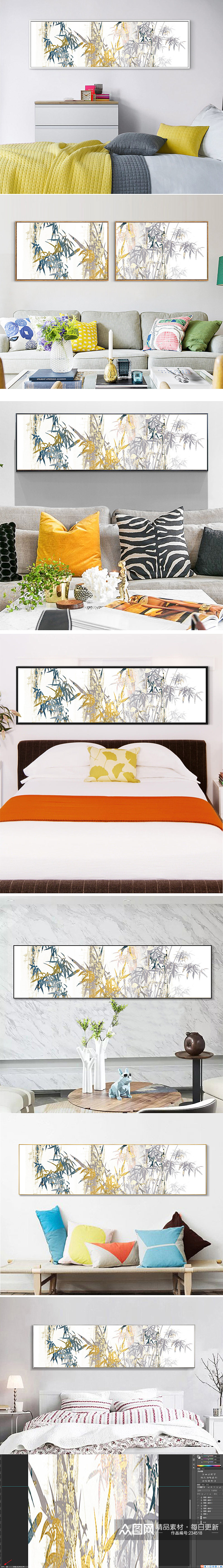 中式金箔竹子风景床头画素材