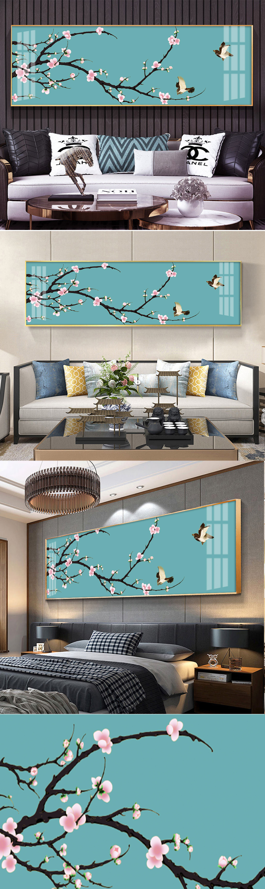 国潮新中式工笔梅花床头画素材