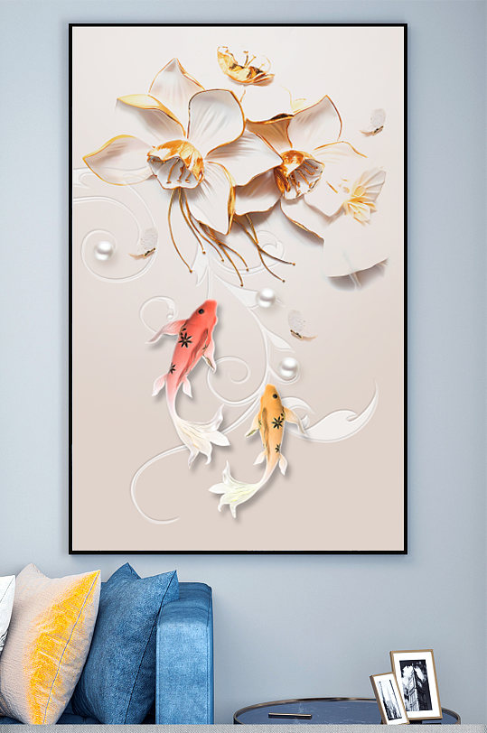 浮雕玉兰花九鱼玄关装饰画-众图网