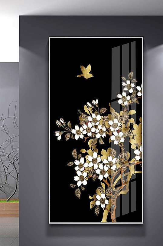 中式黑金工笔花鸟装饰画