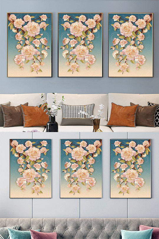 欧式复古花卉三联装饰画