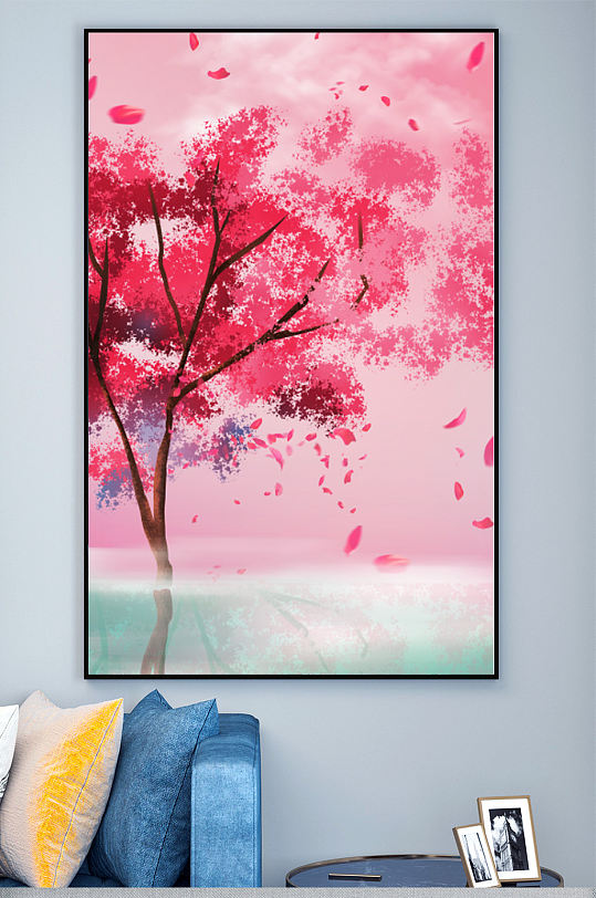 红色樱花树飞舞花瓣装饰画