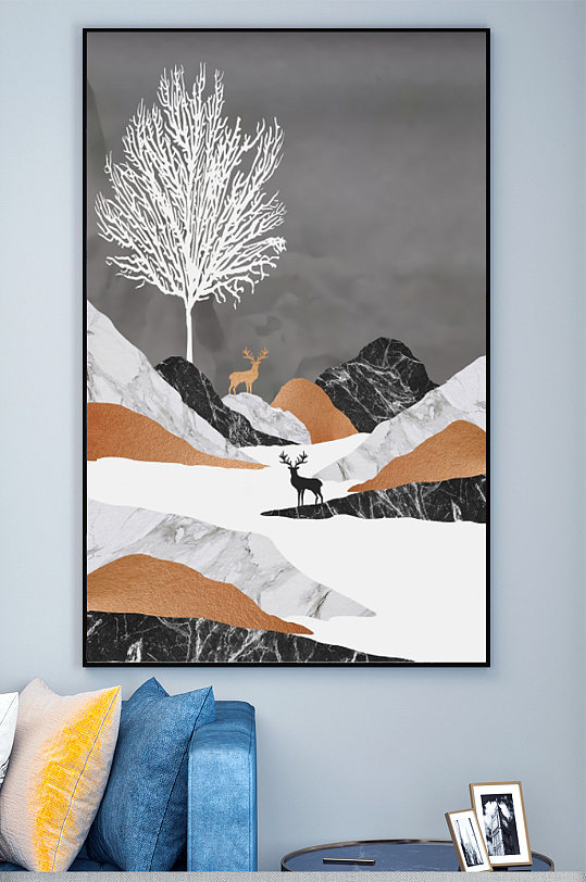 新中式银装素裹麋鹿装饰画