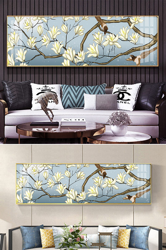 中式白玉兰工笔花鸟沙发背景墙装饰画-众图网