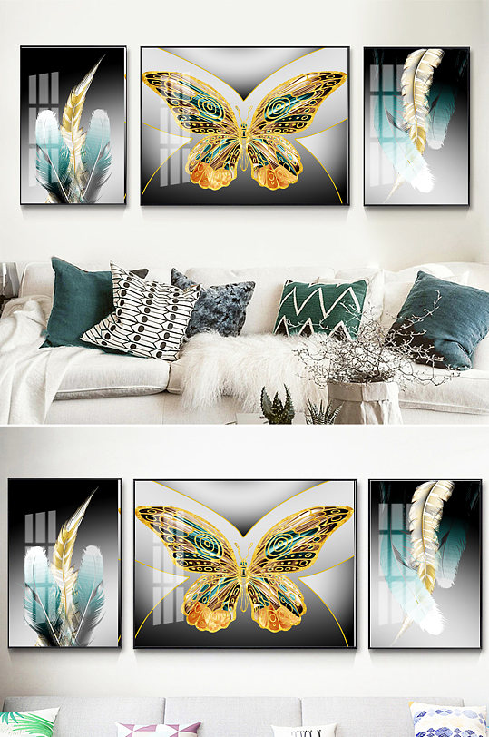 轻奢蝴蝶羽毛烁金装饰画-众图网