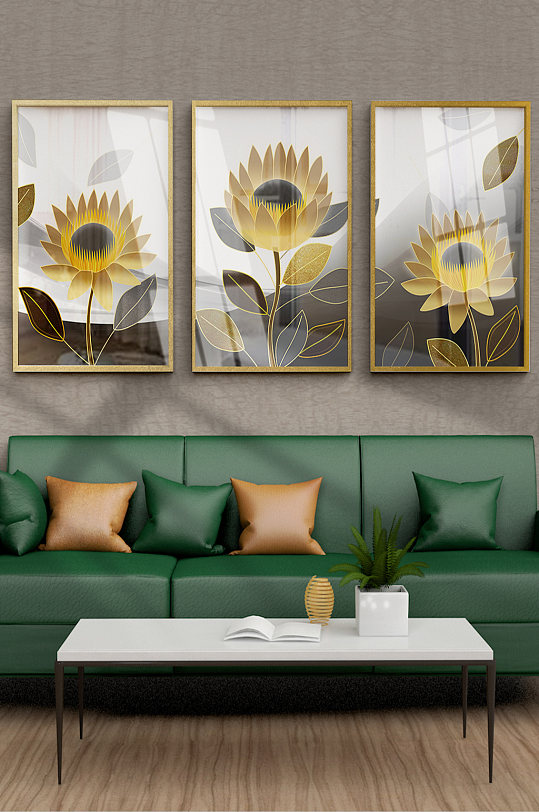 水墨线条黑金植物装饰画