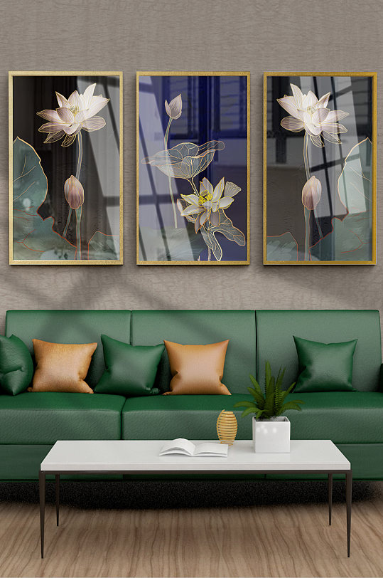 烁金水面荷花客厅沙发背景墙装饰画三联画-众图网