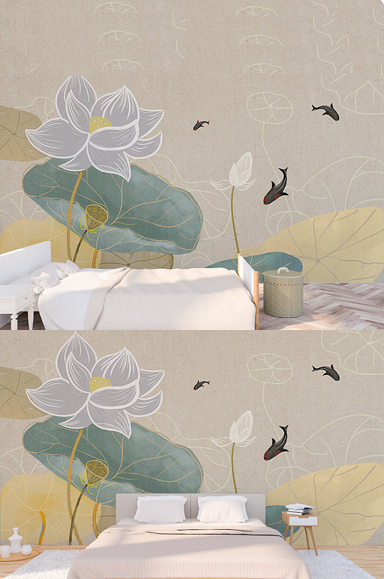 中式水墨禅意荷花背景墙-众图网