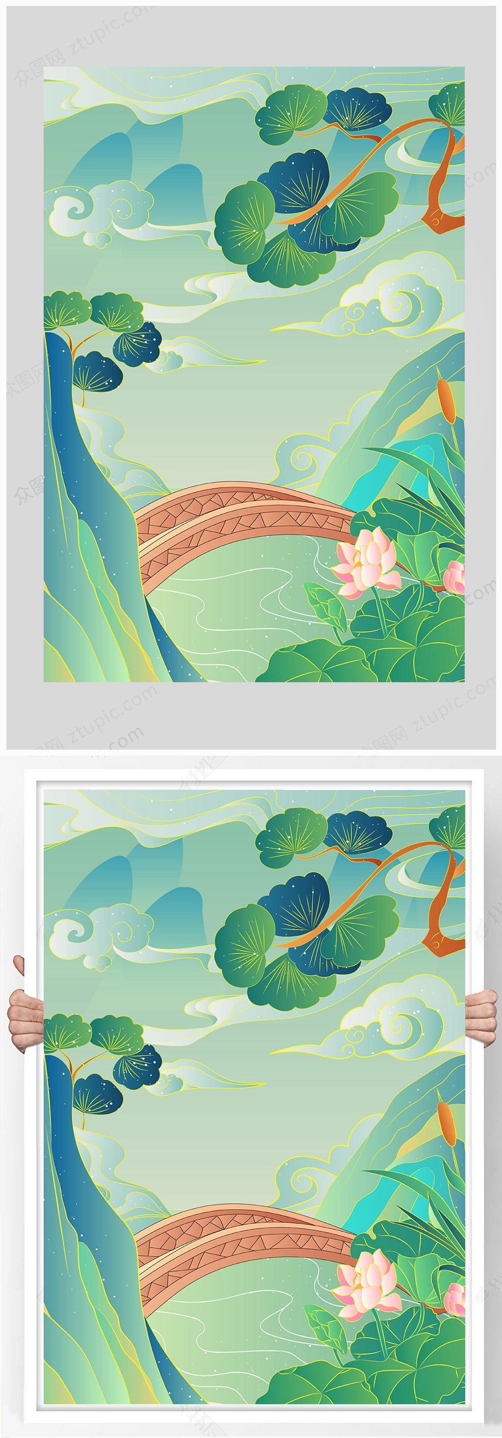 小桥流水工笔风插画素材
