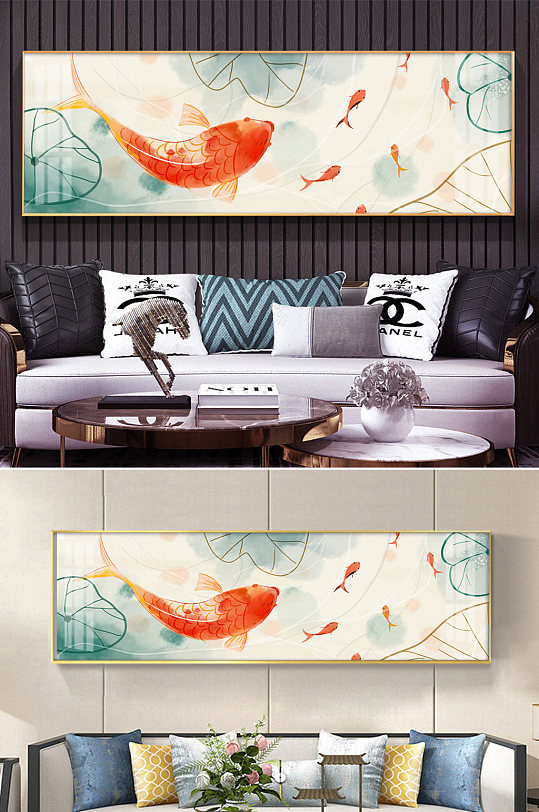 中式红锦鲤客厅床头装饰画-众图网
