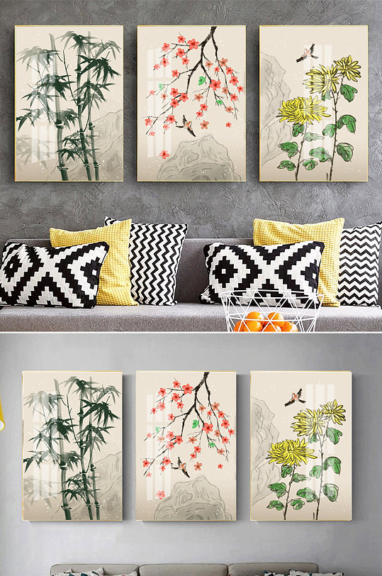 梅兰竹菊工笔花鸟装饰画-众图网