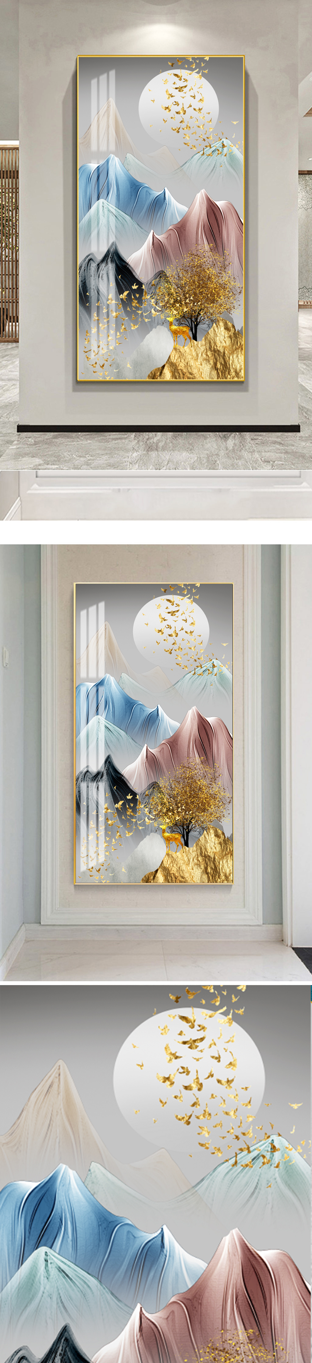 现代金箔飞鸟麋鹿装饰画素材