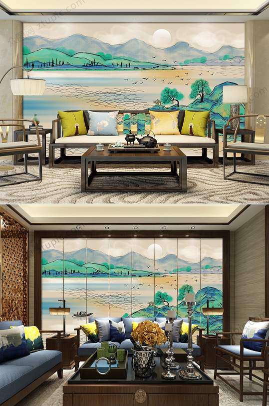 新中式青绿山水瀑布背景墙-众图网