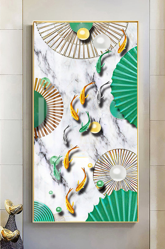 3D立体玄关金色鱼装饰画-众图网