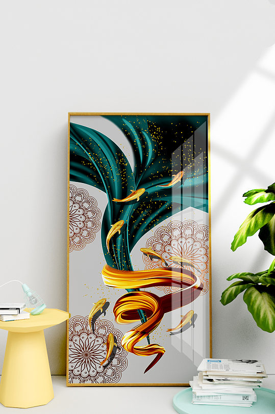 轻奢彩带九鱼艺术装饰画-众图网