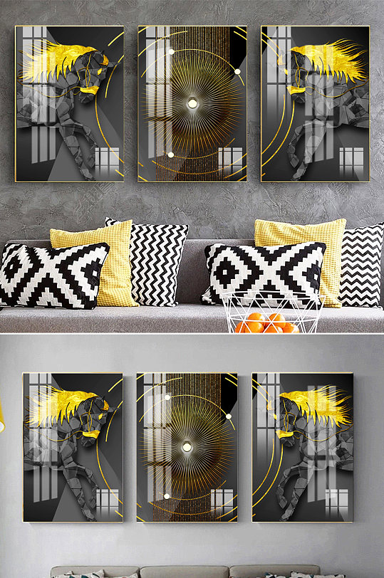 手绘轻奢黑白骏马装饰画-众图网