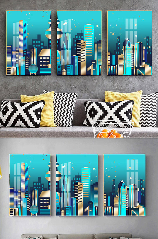 轻奢晶瓷城市建筑装饰画