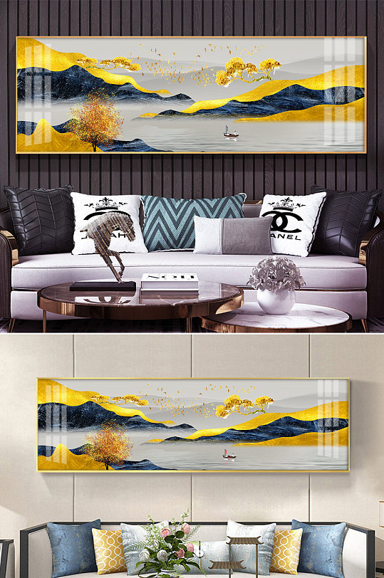 金箔客厅床头山水风景挂画 大气山河图-众图网