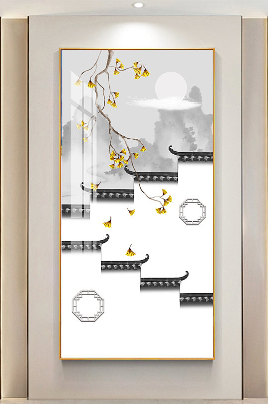 新中式亭台楼阁山水装饰画-众图网