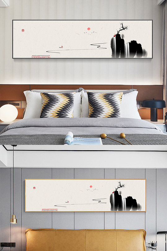 手绘水墨新中式床头装饰画-众图网
