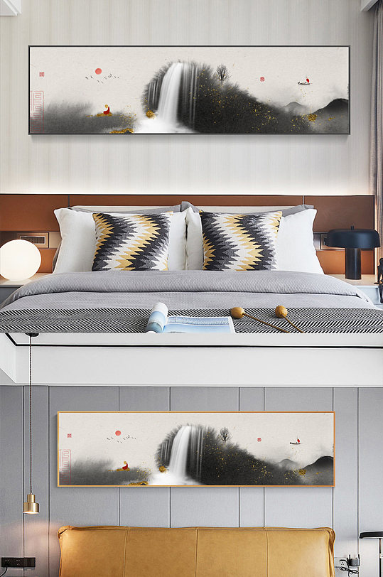 手绘水墨新中式床头装饰画-众图网