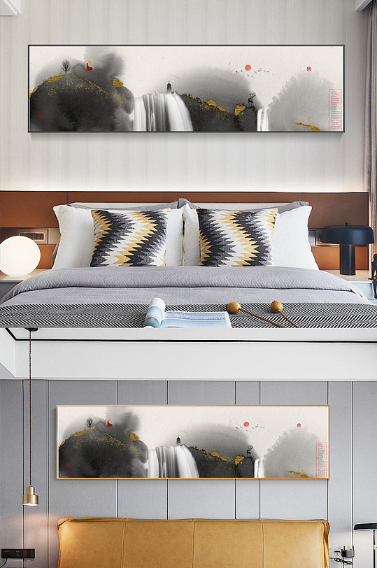 手绘水墨新中式床头装饰画-众图网