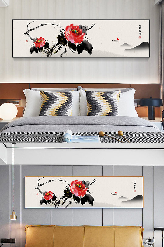 手绘水墨新中式床头装饰画-众图网