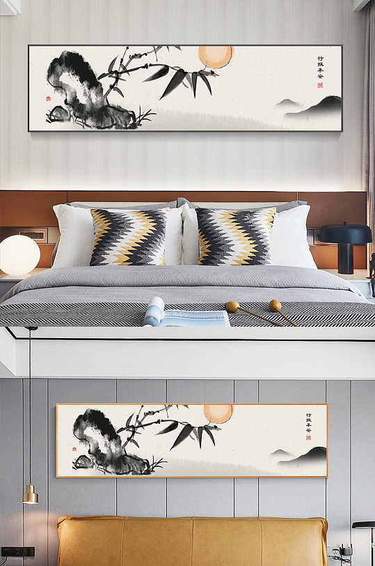 手绘水墨新中式床头装饰画-众图网