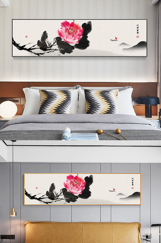 手绘水墨新中式床头装饰画-众图网