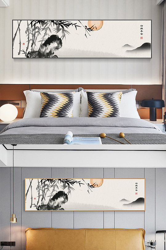 手绘水墨新中式床头装饰画-众图网
