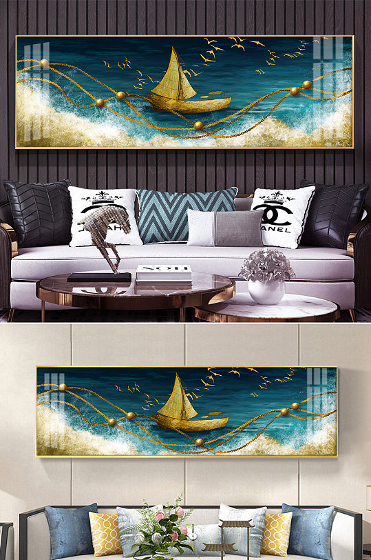 北欧烁金大海洋帆船装饰画